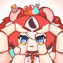  1girl :3 animal_ears animal_on_head cecilia_immergreen character_doll commentary covering_another's_eyes doll doll_joints female_pov hakos_baelz highres hololive hololive_english iennie joints meme mouse_ears mouse_on_head mr._squeaks_(hakos_baelz) multicolored_hair nail_art nail_polish on_head pov pov_hands red_hair simple_background streaked_hair virtual_youtuber white_background 
