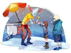 1other 2017 2boys 2d ambiguous_gender animal_ears anthro aqua_stripes black_shorts black_socks blue_fur blue_jacket blue_scarf blue_shirt blue_shoes body_fur boots brown_boots brown_hair brown_shorts child commentary copyright_name digital_media double_horizontal_stripe english_commentary english_text food frisk_(undertale) furry furry_male grey_hood hands_in_pockets holding holding_food holding_ice_cream holding_ice_cream_cone hollow_eyes hood hood_down hooded_jacket horizontal-striped_clothes human humanoid ice_cream ice_cream_cart ice_cream_cone jacket kyouichi leaning_forward long_sleeves male mammal monster monster_boy multiple_boys nice_cream_guy open_clothes open_jacket outdoors pink_slippers pink_stripes rabbit rabbit_boy rabbit_ears red_scarf sans_(undertale) scarf shirt short_hair shorts simple_background single_vertical_stripe skeleton slippers sneakers snow snowing socks striped_clothes striped_scarf striped_shirt striped_shorts teeth text trio two-tone_scarf two-tone_shirt undead undertale utdr_(toby_fox) vertical-striped_clothes vertical-striped_shorts visible_air white_background white_shirt white_socks white_stripes
