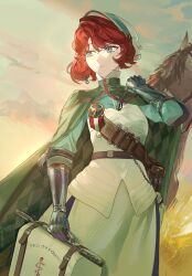  1girl absurdres badge belt belt_pouch blue_eyes blue_shirt brown_belt cape closed_mouth club_(weapon) commentary_request first_aid_kit glance_neon green_cape grey_sky hand_up hat highres holding_first_aid_kit horse looking_to_the_side marsha_(reverse:1999) mole mole_under_eye pouch red_hair reverse:1999 sam_browne_belt shirt short_hair skirt sky solo upper_body weapon white_hat white_skirt 