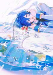  1boy absurdres apple beret_cj blue_hair chinese_commentary closed_eyes commentary_request dinosaur_skeleton drum drum_set eyelashes food fruit giant gold_trim guitar halo headset highres instrument kaito_(vocaloid) keyboard_(instrument) long_sleeves lying male_focus on_side open_mouth papers radio_tower shirt short_hair sleeve_cuffs smile solo vocaloid white_shirt window_(computing) 