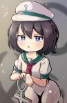  1girl absurdres anchor anchor_symbol black_hair blue_eyes commentary green_sailor_collar grey_background hat highres looking_at_viewer murasa_minamitsu open_mouth sailor sailor_collar sailor_hat short_hair short_sleeves solo teruru_(teruru_kappa) touhou white_headwear 