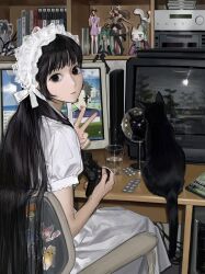  1girl absurdres bingi black_cat brown_eyes cat chair controller copyright_request crt dress dvd_case figure game_console game_console_case game_controller glass hatsune_miku highres holding holding_controller holding_game_controller long_hair looking_at_viewer microsoft_windows mirror pc pill playing_games playing_video_games playstation_2 silent_hill_(series) silent_hill_2 skitty sonic_the_hedgehog spring_onion star_(symbol) star_sticker staring sticker television v very_long_hair visual_novel white_dress windows_xp 