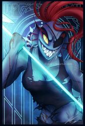  1girl 2016 2d anthro aqua_background art_nouveau artist_name black_background black_eyepatch black_tank_top blood blood_on_arm blue_pants blue_skin colored_sclera colored_skin commentary deviantart_sample deviantart_username digital_media ear_fins english_commentary eyepatch female female_only fins fish fish_girl glowing glowing_weapon gradient_background head_fins high_ponytail highres holding holding_polearm holding_spear holding_weapon image_sample long_hair midriff monster monster_girl pants polearm ponytail red_hair sharp_teeth slit_pupils solo spear tank_top teeth torn_clothes torn_tank_top undertale undyne upper_body utdr_(toby_fox) virigus watermark weapon yellow_sclera 
