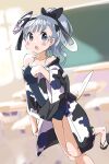  1girl absurdres alternate_costume bare_shoulders black_footwear blue_eyes blue_kimono blue_one-piece_swimsuit blush camouflage collarbone fins fish_girl fish_tail grey_hair grey_kimono hair_between_eyes highres iwa_(iwafish) japanese_clothes jinmen-gyo_(kemono_friends) kemono_friends kimono mask mask_on_head multicolored_clothes multicolored_kimono one-piece_swimsuit open_clothes open_kimono ponytail print_kimono sandals school school_swimsuit short_hair solo swimsuit tail white_kimono 