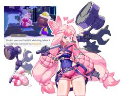 2girls :d ? ?? ^^^ black_gloves braid ditto english_commentary english_text female_protagonist_(pokemon_pokopia) gears gloves hairstyle_request hammer leotard multiple_girls personification pink_hair pokemon pokemon_pokopia purple_leotard rhymewithray saw screenshot_inset short_shorts shorts smile teeth tinkaton tinkmaster transformed_ditto twitter_username upper_teeth_only v-shaped_eyebrows white_background wrench