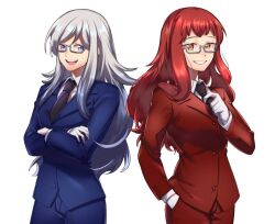  2girls adela_wilfrid aya_(terrainakka) blue_jacket blue_suit bluecoat_agency business_suit collared_shirt formal_clothes hair_between_eyes jacket liana_oswald long_hair long_sleeves multiple_girls necktie original pant_suit pants red_suit shirt smile suit suit_jacket white_shirt wife_and_wife 