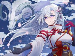  1boy 1girl armor commentary_request hair_between_eyes highres japanese_armor japanese_clothes kaguya_(rune_factory) long_hair looking_at_viewer mimiko_(nekonekomiruo) red_rope rope rune_factory rune_factory:_guardians_of_azuma smile upper_body violet_eyes woolby 