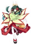  1girl animal_ears fox_ears fox_girl fox_tail full_body green_hair hair_ornament highres japanese_clothes long_hair official_art orange_eyes slit_pupils solo tail transparent_background trinity_universe tsubaki_(trinity_universe) tsunako 