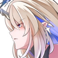  1girl blonde_hair blue_eyes blue_hair colored_inner_hair commentary_request dorinhakawaii earrings fleurdelys_(wuthering_waves) floating_earrings from_side highres horns jewelry long_hair multicolored_hair parted_lips pointy_ears portrait profile sidelocks simple_background single_horn solo white_background wuthering_waves yellow_horns 