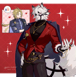  2boys ahoge animal_ear_fluff animal_ears arm_out_of_sleeve artist_name belt belt_buckle black_belt black_choker black_coat black_jacket black_shirt black_streaks blonde_hair blush_stickers buckle chain choker claws closed_eyes closed_mouth coat coat_on_shoulders collared_shirt commentary_request cowboy_shot crossed_arms dated eyepatch furry furry_male gold_chain gold_necklace hair_between_eyes heart highres hugo_vlad jacket jewelry lapel_pin lapels large_pectorals long_hair long_sleeves looking_at_viewer low_ponytail male_focus mole mole_under_eye multicolored_hair multiple_boys muzzle_(mask) necklace necktie official_alternate_costume one_eye_covered open_clothes open_jacket parted_bangs pectorals pointy_ears ponytail purple_shirt red_background red_eyes red_jacket shirt short_hair smile sparkle speech_bubble spoken_thumbs_up standing streaked_hair studded_belt studded_choker tail tail_belt thumbs_up_emoji twitter_username very_long_hair von_lycaon wallet_chain washidake white_hair white_necktie wing_collar wolf_boy wolf_ears wolf_tail zenless_zone_zero 