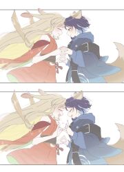  2girls animal_ears blonde_hair blue_hoodie cho_kaguya-hime! closed_eyes closed_mouth commentary_request forehead-to-forehead fox_ears fox_girl fox_shadow_puppet fox_shadow_puppet_kiss fox_tail green_eyes heads_together highres hood hoodie japanese_clothes kaguya_(cho_kaguya-hime!) kimono kr_n_167 long_hair multiple_girls obi open_mouth purple_hair rabbit_ears red_kimono sakayori_iroha sash short_hair simple_background smile tail white_background yuri 