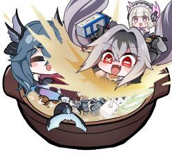  3girls closed_eyes commentary_request dorinhakawaii drink_carton floating_hair grey_hair hair_floating_upwards hair_intakes headgear holding holding_milk_carton hotpot jetavie:_daybreak_(pgr) jetavie_(pgr) lamia:_lost_lullaby_(pgr) lamia_(pgr) liv:_lux_(pgr) liv_(pgr) milk_carton mismatched_pupils multiple_girls open_mouth punishing:_gray_raven red_eyes smile symbol-shaped_pupils 