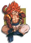  1boy absurdres biceps black_wristband blue_eyes blue_sash body_fur dragon_ball dragon_ball_gt gogeta highres looking_at_viewer male_focus metamoran_vest monkey_boy monkey_tail muscular muscular_male no_nipples pants pectorals redhead relio_db318 sash simple_background smile solo spiky_hair super_saiyan super_saiyan_4 tail veins veiny_hands white_pants 