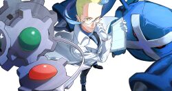 1boy black_pants black_sclera black_shirt black_shoes blonde_hair blue_hair claws closed_mouth coat colored_sclera colress_(pokemon) commentary_request gears glasses gloves highres holding holding_tablet_pc inpo427 jacket klinklang lab_coat male_focus metagross pants pokemon pokemon_(creature) pokemon_bw2 red_eyes shirt shoes short_hair smile tablet_pc white_gloves yellow_eyes 
