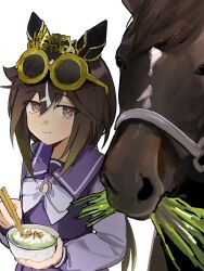  1girl animal_ears black_hair blush bow bowl bowtie brown_eyes brown_hair chopsticks closed_mouth cnsmsoup creature_and_personification ear_covers eating eyewear_on_head hair_between_eyes happy_birthday highres holding holding_bowl holding_chopsticks horse horse_ears horse_girl long_hair long_sleeves multicolored_hair personification purple_sailor_collar purple_shirt purple_skirt real_life round_eyewear sailor_collar sailor_shirt school_uniform shirt skirt stay_gold_(racehorse) stay_gold_(umamusume) streaked_hair tracen_school_uniform umamusume white_bow white_bowtie white_hair 