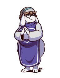  1girl 2020 2d animal_ears anthro artist_name barefoot blazbaros blue_stripes body_fur breasts brown_hair closed_eyes commentary cosplay cosplay_request digital_media droopy_ears english_commentary fangs female female_only fingers_together floppy_ears full_body furry furry_female glasses goat goat_ears goat_girl goat_horns grey_hat hat horns large_breasts long_sleeves mammal monster monster_girl purple_tabard rectangular_eyewear robe simple_background skin_fangs smile solo standing striped_hat tabard thighs toriel two-tone_hat undertale utdr_(toby_fox) white_background white_fur white_horns white_robe white_sleeves wig 