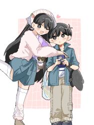  1boy 1girl antenna_hair bag bag_charm black_bag black_eyes black_hair black_shoes blue_jacket blue_shorts blush boots bright_pupils brother_and_sister brown_boots brown_pants character_bag character_charm character_doll character_sticker charm_(object) collared_shirt commentary_request doll double-parted_bangs hair_between_eyes handbag handheld_game_console headscarf heart hector_(omori) hero_(faraway)_(omori) hero_(omori) highres jacket long_sleeves looking_at_another looking_at_viewer mari_(birthday)_(omori) mari_(faraway)_(omori) mari_(omori) okameeomo omori open_clothes open_jacket open_mouth pants parted_lips purple_shirt shirt shoes short-sleeved_jacket short_hair short_sleeves shorts siblings smile something_(omori) sticker stuffed_toy sunny_(birthday)_(omori) sunny_(omori) thigh-highs white_headscarf white_jacket white_pupils white_thighhighs 