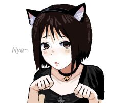  1girl :< animal_ear_fluff animal_ear_hairband animal_ears bell black_collar black_hairband black_shirt blush bob_cut breasts brown_eyes brown_hair cat_ear_hairband cat_ears close-up collar collarbone commentary embarrassed fake_animal_ears hairband hands_up highres jaggy_lines looking_at_viewer nakahara_misaki neck_bell nhk_ni_youkoso! oekaki open_mouth paw_pose portrait puffy_short_sleeves puffy_sleeves raised_eyebrows romaji_commentary romaji_text shirt short_hair short_sleeves simple_background small_breasts solo white_background zukii3_mii_(mizumolasses) 