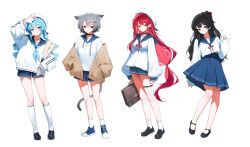  4girls akane_lize animal_ears arahashi_tabi arms_at_sides bag black_hair black_shoes blue_eyes blue_hair blue_neckerchief blue_sailor_collar blue_shorts blue_skirt breasts brown_bag brown_cardigan candy cardigan cardigan_partially_removed cat_ears cat_girl cat_tail closed_mouth commentary_request double-parted_bangs expressionless food food_in_mouth grey_eyes grey_hair hair_ornament hair_ribbon hairclip hand_up hands_in_pockets hat heart heart_hair_ornament highres holding holding_bag huhi_(huhi_1211) kneehighs korean_commentary lollipop lollipop_in_mouth long_hair long_sleeves looking_at_viewer low-tied_long_hair miniskirt multicolored_hair multiple_girls neckerchief neneko_mashiro parallel_hairclips pleated_skirt red_eyes red_hair red_ribbon ribbon sailor_collar school_bag school_uniform serafuku shirayuki_hina shirt shoes short_shorts shorts simple_background skirt smile sneakers socks standing stellive streaked_hair tail thigh_strap twintails very_long_hair virtual_youtuber white_background white_hat white_shirt white_socks 
