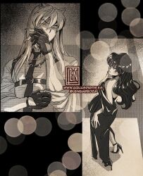  1boy 1girl animal_ears blunt_bangs dog_ears dress fingernails gloves greyscale hair_between_eyes hand_on_own_hip high_heels highres higurashi_kagome inuyasha inuyasha_(character) lennys long_fingernails looking_at_viewer looking_back monochrome necktie yellow_eyes 