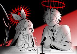  1boy 1girl character_request collared_shirt commentary_request greyscale hair_between_eyes hair_ribbon halo highres long_hair medium_hair microphone monochrome necktie nixta0x0 partially_colored red_halo reverseblue_x_re-birthend ribbon shirt sleeves_past_wrists spiked_halo sweater symbol-shaped_pupils very_long_hair x-shaped_pupils 