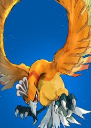  alternate_color bird commentary_request crest feathers golden_feathers ho-oh looking_at_viewer no_humans pokemon pokemon_(creature) pokemon_focus red_eyes shiny_pokemon silver_tail sky solo sparkle srseyo_o talons yellow_feathers 