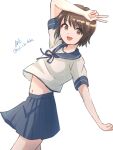  1girl :d artist_name blue_skirt brown_eyes brown_hair highres kantai_collection looking_at_viewer midriff miyuki_(kancolle) navel neckerchief one-hour_drawing_challenge pleated_skirt school_uniform serafuku short_hair short_sleeves simple_background skirt smile solo v white_background wiwo 