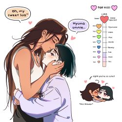  2girls akanichiyu alien_stage black_hair brown_hair closed_eyes commentary dark-skinned_female dark_skin english_commentary english_text heart highres hyuna_(alien_stage) kiss kiss_meter_(meme) kissing_cheek kissing_forehead long_hair meme multiple_girls purple_sweater short_hair sua_(alien_stage) sweater very_long_hair violet_eyes 