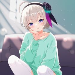  1girl :3 adapted_costume ahoge aqua_sweater between_legs black_flower black_hairband black_ribbon black_rose blunt_bangs blunt_ends blurry blurry_background blush bright_pupils closed_mouth collarbone couch cowboy_shot day eyelashes eyes_visible_through_hair flower grey_hair hair_between_eyes hair_flower hair_ornament hair_ribbon hairband hand_between_legs hand_on_own_cheek hand_on_own_face hand_up heaven_burns_red highres indoors knees_up long_sleeves looking_at_viewer luck_hebuban minase_sumomo on_couch purple_ribbon ribbon rose short_hair sidelighting sitting smile solo sweater thigh-highs violet_eyes white_pupils white_thighhighs window window_shadow 