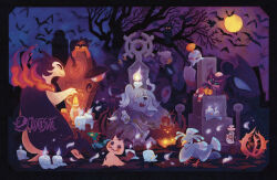  artist_name bare_tree bat_(animal) black_brder bramblin chimecho chingling closed_mouth commentary dreepy drifloon duskull english_commentary fire floating flying full_moon gastly graveyard greavard highres hisuian_typhlosion houndstone justasuta lampent litten litwick mimikyu moon murkrow night no_humans noctowl open_mouth oricorio oricorio_(sensu) outdoors poke_ball_theme pokemon pokemon_(creature) pokemon_focus poltchageist pumpkaboo purple_fire purrloin shuppet sky smile tombstone tree zubat 
