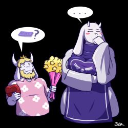  ... ._. 1:1 1boy 1girl 2016 2d animal_ears anthro artist_name asgore_dreemurr beard black_background blazbaros blonde_hair body_fur bouquet box breasts commentary delta_rune_(symbol) delta_rune_print digital_media droopy_ears duo english_commentary facial_hair fangs female floppy_ears floral_print flower furry furry_female furry_male furry_with_furry gift goat goat_boy goat_ears goat_girl goat_horns heart-shaped_box hetero holding holding_bouquet holding_box holding_flower holding_gift horns large_breasts long_sleeves male mammal monster monster_boy monster_girl official_alternate_costume pink_shirt purple_tabard red_eyes robe shirt short_sleeves simple_background skin_fangs spoken_ellipsis t-shirt tabard thighs toriel undertale utdr_(toby_fox) white_fur white_horns white_robe white_sleeves yellow_flower 