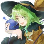  1girl :d black_headwear commentary_request green_eyes green_hair hat hat_ribbon komeiji_koishi nanataru10 open_mouth ribbon short_hair simple_background smile solo third_eye touhou upper_body white_background yellow_ribbon 