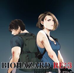  1boy 1girl back-to-back beard_stubble belt black_shirt blonde_hair blood blood_on_arm blood_on_face blue_shirt bob_cut bra breasts brown_hair carlos_oliveira commentary_request facial_hair gun handgun holding holding_gun holding_weapon jill_valentine ncle_69 resident_evil resident_evil_3:_nemesis resident_evil_3_(remake) shirt short_hair stubble underwear vest weapon white_bra 
