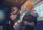  2boys armor black_gloves black_hair blonde_hair blue_eyes brown_gloves can cloud_strife commentary crisis_core_final_fantasy_vii final_fantasy final_fantasy_vii gloves green_scarf headwear_removed helmet highres ho_fan holding holding_can holding_helmet indoors looking_at_another male_focus multiple_boys one_eye_closed open_mouth parted_bangs scarf shinra_infantry_uniform shoulder_armor sidelocks smile spiky_hair sweater symbol-only_commentary turtleneck turtleneck_sweater upper_body vending_machine zack_fair 