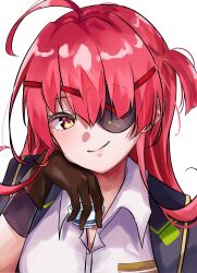  1girl ahoge asami_makiko_(heaven_burns_red) black_jacket blush brown_gloves choko_(cup) closed_mouth collared_shirt commentary corrupted_twitter_file cup e69465 eyelashes eyepatch fan_request gloves hair_between_eyes hand_up heaven_burns_red highres holding holding_cup huge_ahoge jacket long_hair looking_at_viewer military_uniform one_eye_covered one_side_up red_hair shirt sidelocks simple_background smirk solo tsurime upper_body white_background white_shirt yellow_eyes 
