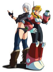 2girls absurdres alia_(mega_man) android angel_(kof) arm_cannon armor backless_pants black_panties blonde_hair blue_eyes boots breasts chaps chest_jewel clenched_teeth commission cowboy_boots crop_top cropped_jacket diegodoodles fingerless_gloves full_body gloves hair_over_one_eye headset highres jacket large_breasts leather leather_jacket long_hair looking_at_viewer mega_man_(series) mega_man_x_(series) midriff multiple_girls navigator panties pants pink_armor robot_ears robot_girl short_hair smile teeth the_king_of_fighters toned toned_female two_side_up underwear weapon white_hair 
