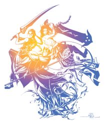  3boys amano_yoshitaka_(style) auron box_art braska color_trace cover facial_hair fake_box_art fake_cover final_fantasy final_fantasy_x final_fantasy_x-2 highres holding holding_staff holding_sword holding_weapon jecht kingcael logo_parody male_focus multiple_boys parody simple_background smile staff style_parody sword waves weapon 