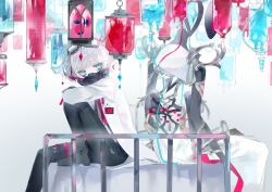  1girl 1other arm_on_knee bed blue_eyes commentary_request croma_mhach dress gas_mask goggles goggles_on_head highres lab_coat lamp looking_back mask multicolored_hair pants red_shirt sephie_(shadowverse) shadowverse shirt shoes short_hair sitting streaked_hair thigh_strap white_dress white_hair 