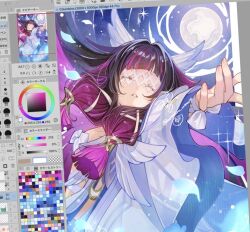 1girl closed_eyes columbina_(genshin_impact) commentary dress eye_mask genshin_impact hair_ornament head_wings invisible_shoes mask misoshiru_umai4 moon multicolored_hair multiple_wings purple_streaks ribbon see-through_clothes see-through_mask streaked_hair untranslatable_commentary white_dress white_headdress white_mask white_ribbon white_wings wing_hair_ornament wings wrist_bow x-shaped_eyewear