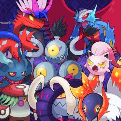  brute_bonnet closed_mouth colored_sclera commentary english_commentary ethanexion fang fangs flutter_mane great_tusk highres koraidon no_humans open_mouth orange_eyes pokemon pokemon_(creature) pokemon_focus red_sclera roaring_moon sandy_shocks scream_tail sharp_teeth skin_fang slither_wing smile teeth tusks yellow_eyes yellow_sclera 