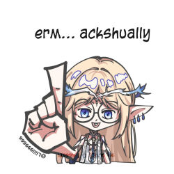  1girl ackchyually_(meme) artist_name blonde_hair blue_eyes buck_teeth cartethyia_(wuthering_waves) commentary earrings glasses hand_up index_finger_raised jewelry li9999 long_hair looking_at_viewer meme multiple_earrings pointy_ears round_eyewear simple_background solo tabard teeth twitter_username upper_body white_background white_tabard wuthering_waves 