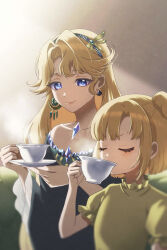  2girls aged_down bare_shoulders beryl_bouanich black_cloak blonde_hair blue_eyes cloak closed_eyes closed_mouth commentary_request crescent crescent_earrings crystal_earrings cup dragonfly_hair_ornament dress drinking earrings floating_earrings grey_background holding holding_cup jewelry long_hair looking_at_viewer matilda_bouanich milmil7 mismatched_earrings mother_and_child mother_and_daughter multiple_girls one_side_up parent_and_child puffy_short_sleeves puffy_sleeves reverse:1999 saucer short_hair short_sleeves sidelighting smile teacup yellow_dress 