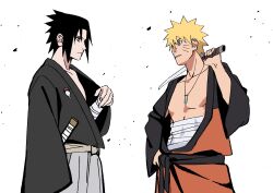  2boys bandages black_hair blonde_hair chugege highres katana looking_at_another male_focus multiple_boys naruto_(series) naruto_shippuuden samurai spiky_hair sword toned toned_male topless_male uchiha_sasuke uzumaki_naruto weapon 