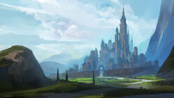  andreas_rocha artist_name blue_sky clouds cloudy_sky commentary dated day english_commentary field gate gradient_sky grass highres landscape medieval mountain no_humans original outdoors painterly scenery sky stone_wall tower town tree white_sky 