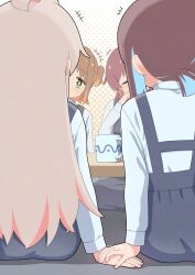  +++ absurdres ahoge black_skirt blue_hair brown_hair closed_eyes commentary_request cup diamond-shaped_pupils diamond_(shape) from_behind green_eyes happyundergate highres holding_hands hozuki_momiji long_hair long_sleeves mug murosaki_miyo oka_asahi onii-chan_wa_oshimai! orange_hair oyama_mahiro pink_hair ponytail school_uniform shirt short_hair short_ponytail sitting skirt suspender_skirt suspenders symbol-shaped_pupils table white_shirt yotsuba_university_affiliated_junior_high_school_uniform yuri 