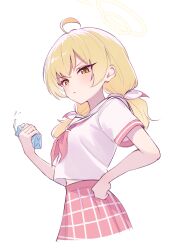 1girl absurdres ahoge blonde_hair blue_archive bow closed_mouth commentary_request cropped_legs crushing drink_carton exiadoon from_side grid_print hair_bow halo hand_on_own_hip hand_up highres holding holding_juice_box juice_box looking_at_viewer low_twintails neckerchief pink_neckerchief pink_skirt sailor_collar school_uniform serafuku shirt short_sleeves simple_background skirt solo summer_uniform twintails v-shaped_eyebrows white_background white_bow white_sailor_collar white_shirt yellow_eyes yellow_halo yoshimi_(blue_archive) 