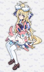  1girl alternate_color alternate_costume animal_ears bird blonde_hair blue_eyes blue_sclera blush bow bowtie breasts brown_shoes closed_eyes closed_mouth colored_sclera commentary ear_covers hair_between_eyes highres horse_ears horse_girl horse_tail long_hair on_head open_mouth pink_fur pleated_skirt pokemon pokemon_(creature) pokemon_on_head puffy_short_sleeves puffy_sleeves purple_bow purple_bowtie purple_shirt ribbon sailor_collar sailor_shirt saramiao-chan school_uniform shiny_pokemon shirt shoes short_sleeves single_ear_cover skirt smile swablu sylveon tail thigh-highs tracen_school_uniform umamusume untranslatable_commentary victoire_pisa_(umamusume) white_fur white_sailor_collar white_skirt white_thighhighs 