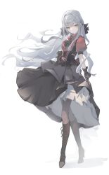  1girl absurdres ascot bang_dream! bang_dream!_it's_mygo!!!!! black_ascot black_corset black_gloves black_ribbon black_skirt blunt_bangs boots breasts brooch brown_boots brown_pantyhose closed_mouth clothes_lift collared_shirt commentary_request corset full_body gloves grey_hair hair_over_shoulder hair_ribbon high_heel_boots high_heels highres jewelry lace-up_boots layered_skirt lifting_own_clothes long_hair looking_at_viewer medium_breasts no_mask oblivionis_(bang_dream!) pantyhose puffy_short_sleeves puffy_sleeves red_shirt ribbon shirt short_sleeves sidelocks simple_background skirt skirt_lift solo standing togawa_sakiko two_side_up white_background xue_ni_guai yellow_eyes 