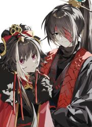  1boy 1girl bandage_over_one_eye black_dress black_eyes black_hair black_hanfu brother_and_sister chinese_clothes closed_mouth coat commentary dress english_commentary fur-trimmed_coat fur_trim hair_between_eyes hanfu hasugu high_ponytail highres hong_lu_(project_moon) hongyuan_(identity)_(project_moon) jia_xichun_(project_moon) limbus_company long_hair long_sleeves looking_at_viewer multicolored_hair pink_eyes ponytail project_moon red_bandage red_coat siblings sidelocks smile stole streaked_hair two-tone_hair upper_body white_streaks xiao_guan_(headdress) 