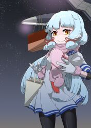  1girl bag black_pantyhose blue_sailor_collar breasts commentary_request cowboy_shot donguri_(kino4405) dress floating_headgear fur-trimmed_gloves fur_trim gloves hair_ribbon headgear highres holding holding_bag kantai_collection long_hair medium_breasts mundane_utility murakumo_(kancolle) murakumo_(valentine)_(kancolle) necktie night orange_eyes pantyhose pink_scarf red_necktie ribbon sailor_collar sailor_dress scarf sidelocks sky smile solo star_(sky) starry_sky tress_ribbon 
